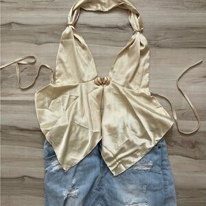 Gold Satin Halter Top with Shell Accent